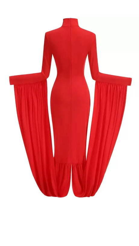 QAELTRIC HIGH NECK DRAPED MAXI DRESS | ELEGANT LONG SLEEVE EVENING GOWN