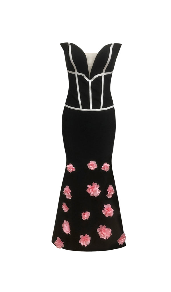 Floral embellished Strapless Maxi Dress in Black