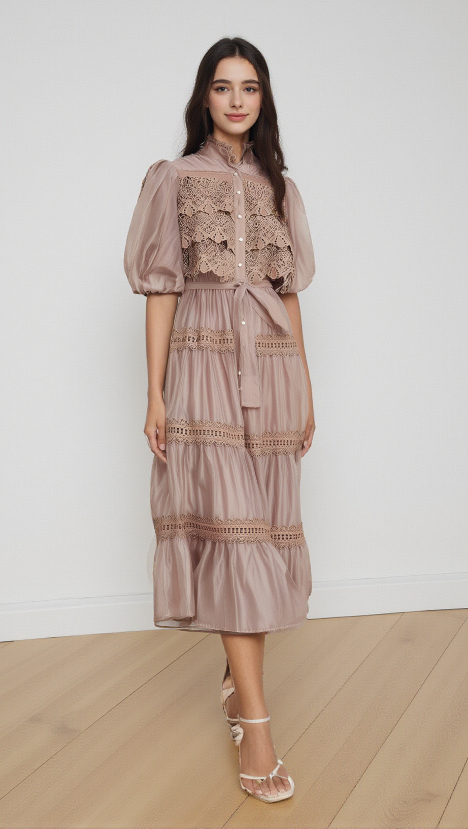 INÈS LACE CUT-OUT TIERED MIDI DRESS