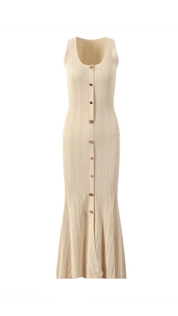 AIIZIE BUTTON-EMBELLISHED RIBBED-KNIT MIDI DRESS IN APRICOT - product image
