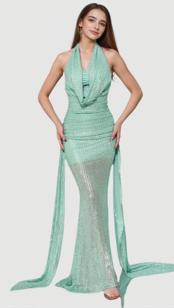 AIIZIE AGATHA COWL BACKLESS SEQUIN MAXI DRESS IN GREEN - product image