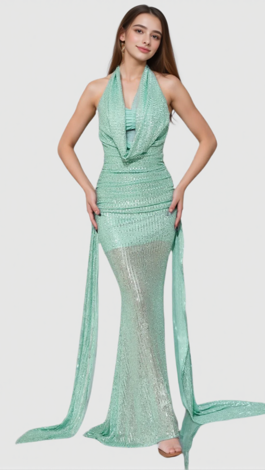 AGATHA COWL BACKLESS SEQUIN MAXI DRESS IN GREEN