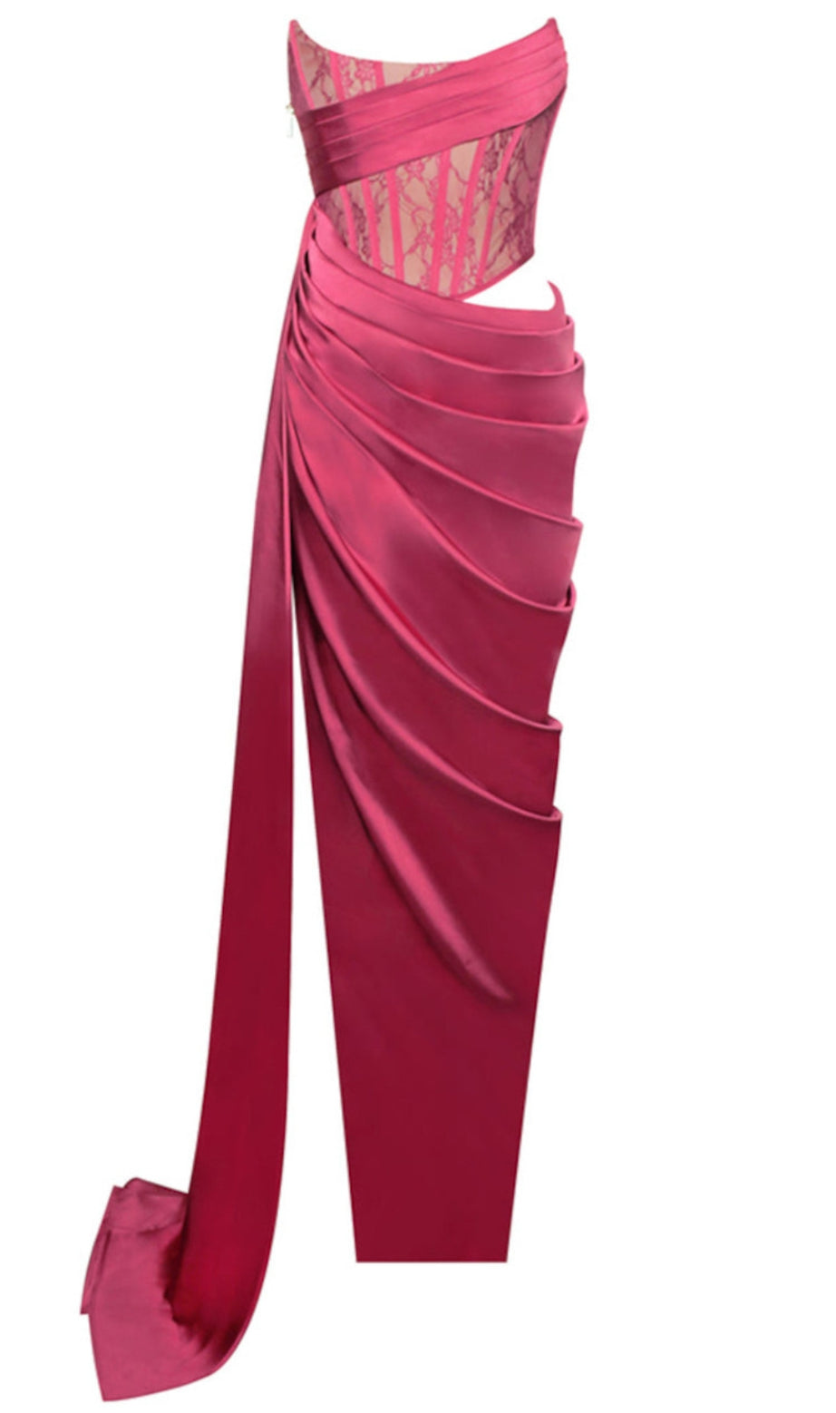 Strapless Lace Corset Draped Maxi Dress Red