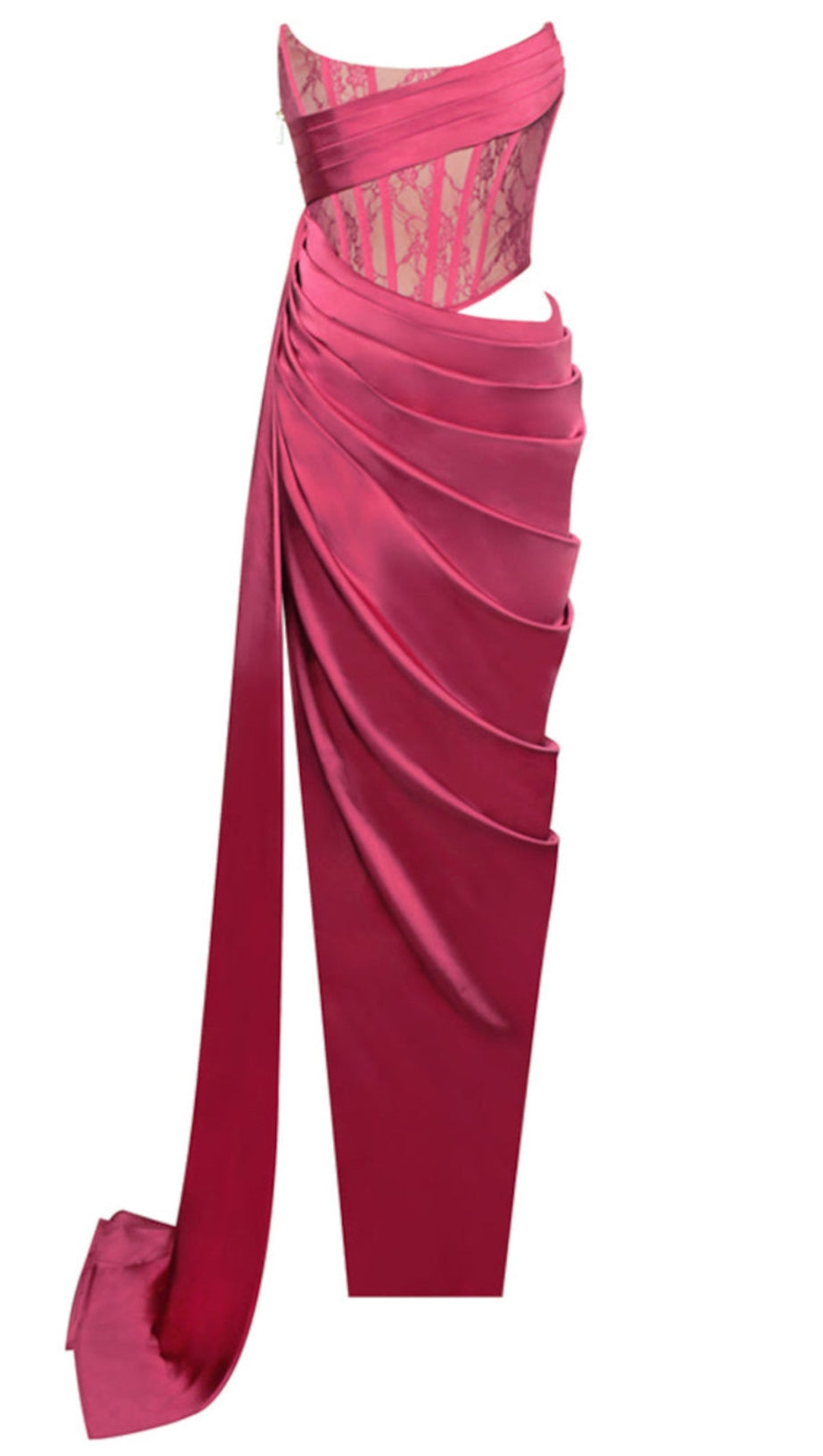 ABITO LUNGO DRAPPEGGIATO CON CORSETTO IN PIZZO SENZA SPALLINE ROSSO