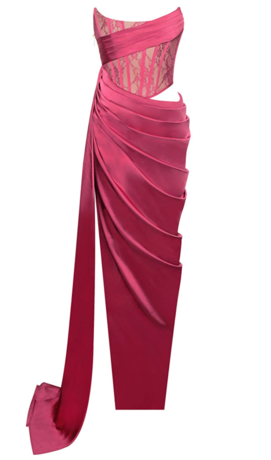 ABITO LUNGO DRAPPEGGIATO CON CORSETTO IN PIZZO SENZA SPALLINE ROSSO