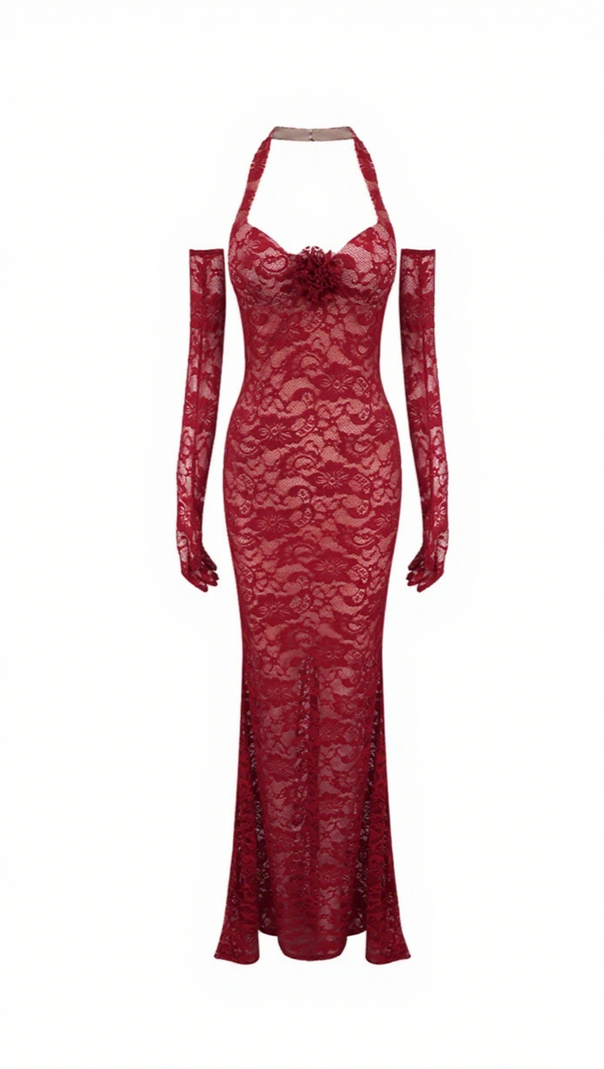AIIZIE EARTHA HALTER FLORAL LACE MAXI DRESS IN BURGUNDY - product image