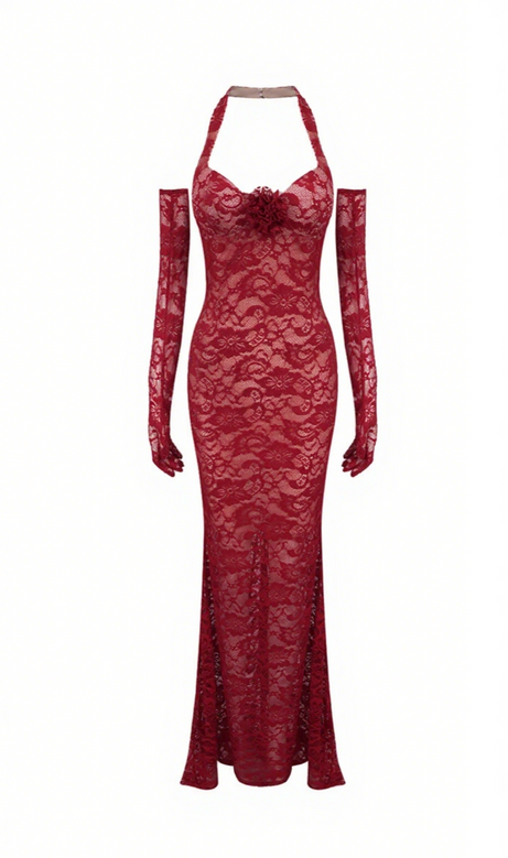 EARTHA HALTER FLORAL LACE MAXI DRESS IN BURGUNDY