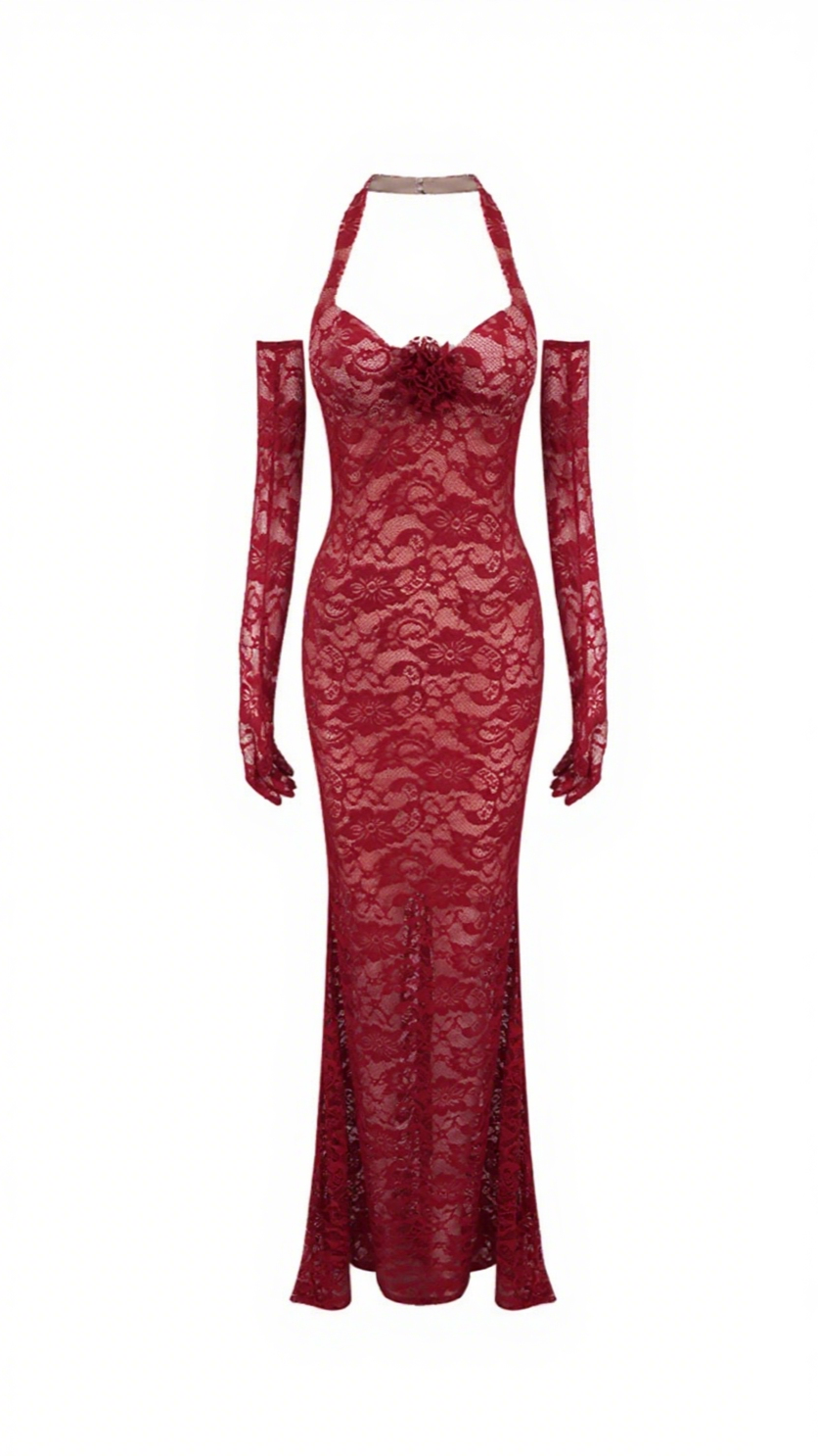 EARTHA HALTER FLORAL LACE MAXI DRESS IN BURGUNDY