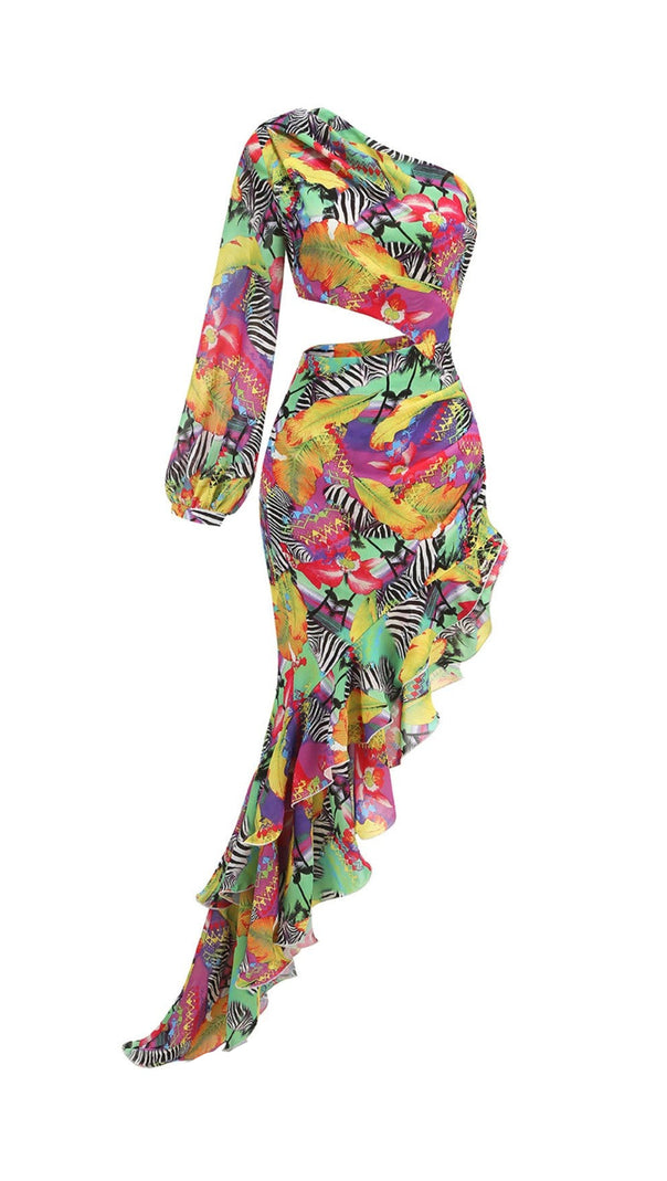 AIIZIE ONE SHOULDER RUFFLR TRIM PRINTED MAXI DRESS - product image