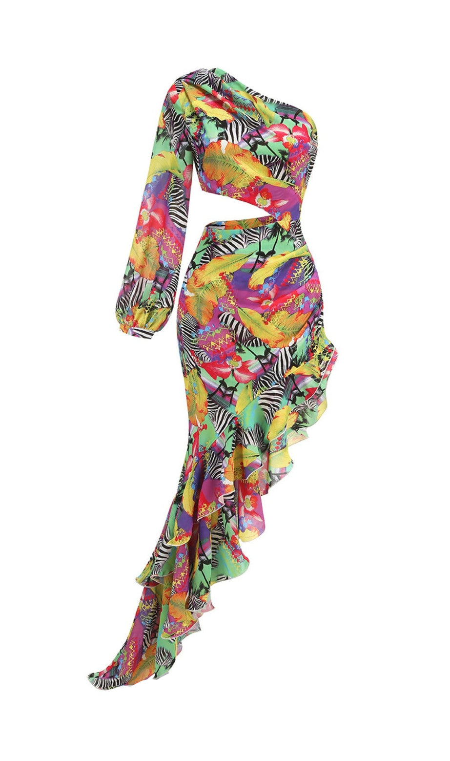 ONE SHOULDER RUFFLR TRIM PRINTED MAXI DRESS