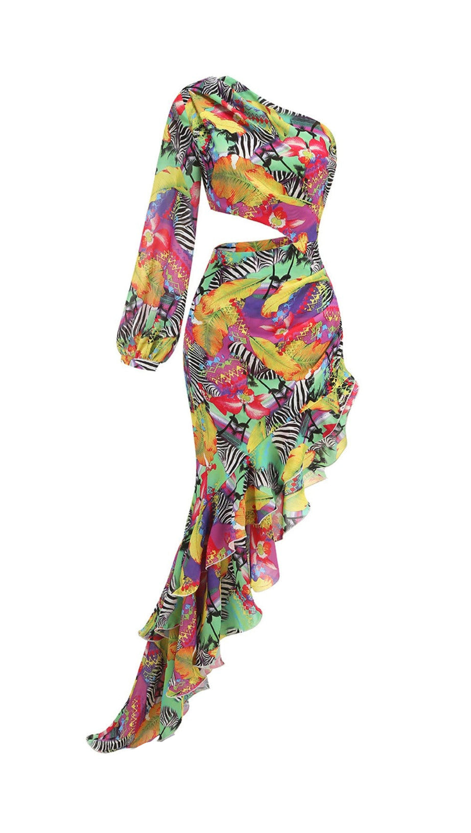 ONE SHOULDER RUFFLR TRIM PRINTED MAXI DRESS