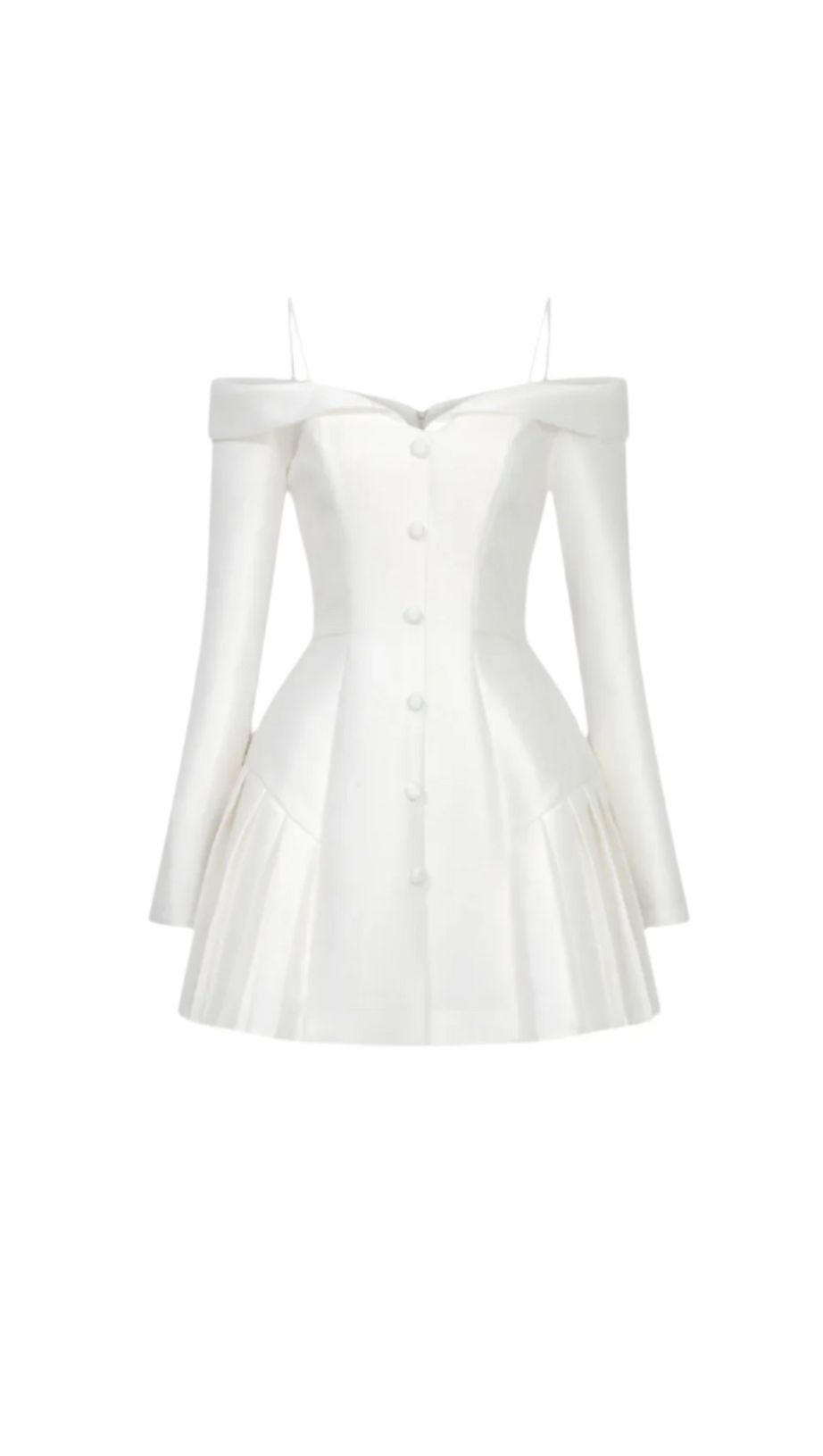 OFF-SHOULDER PLEATED TRIM MINI DRESS IN WHITE