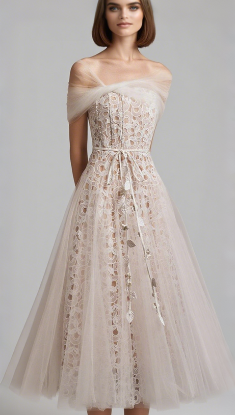 ABITO MIDI IN PIZZO ARRICCIATO CON GOCCE MIUA IN BIANCO