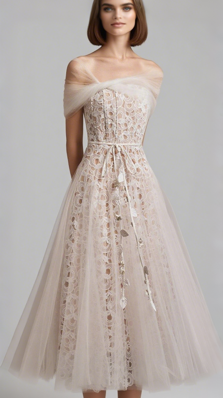 ABITO MIDI IN PIZZO ARRICCIATO CON GOCCE MIUA IN BIANCO