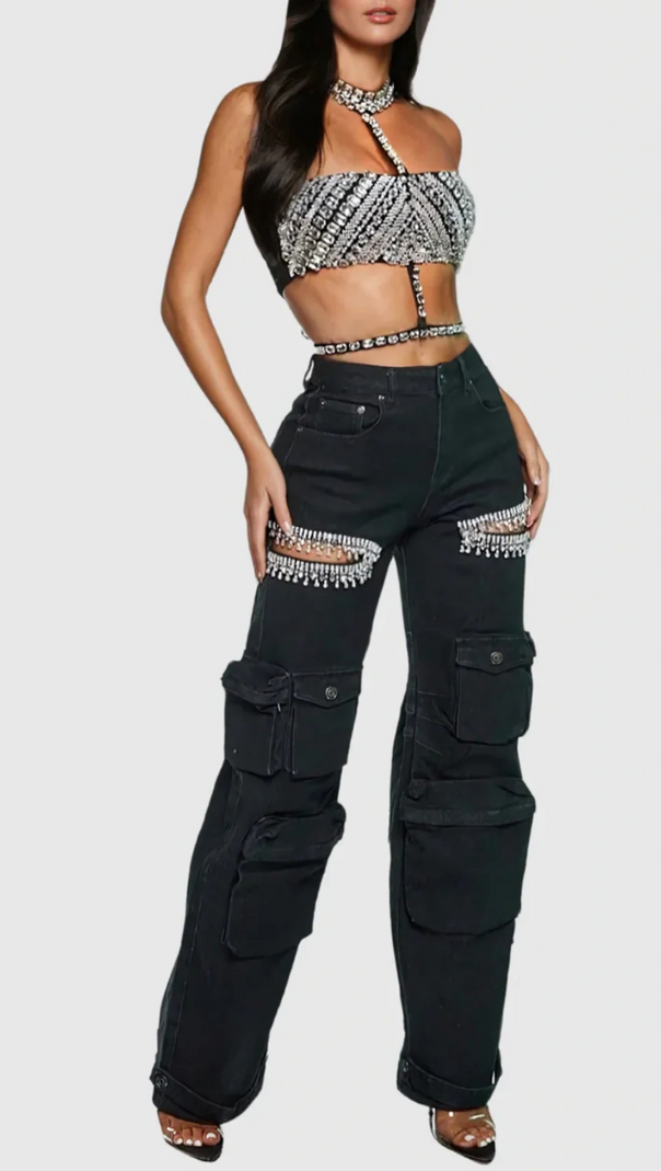 AIIZIE RHINESTONE CUTOUT CARGO JEANS IN BLACK - product image