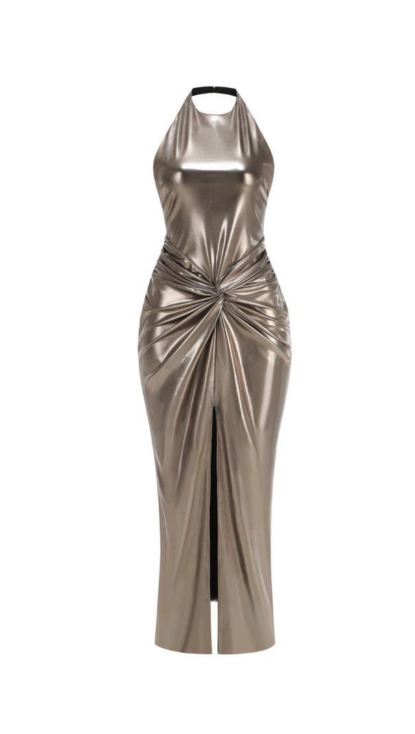 AIIZIE CHAMPAGNE GOLD HALTER NECK BACKLESS SLIT GOWN - product image