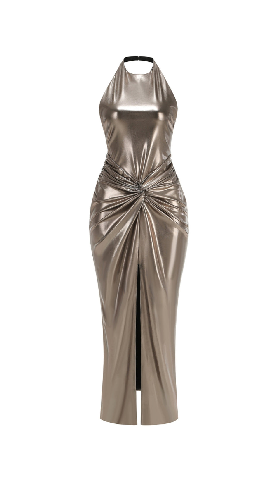 CHAMPAGNE GOLD HALTER NECK BACKLESS SLIT GOWN