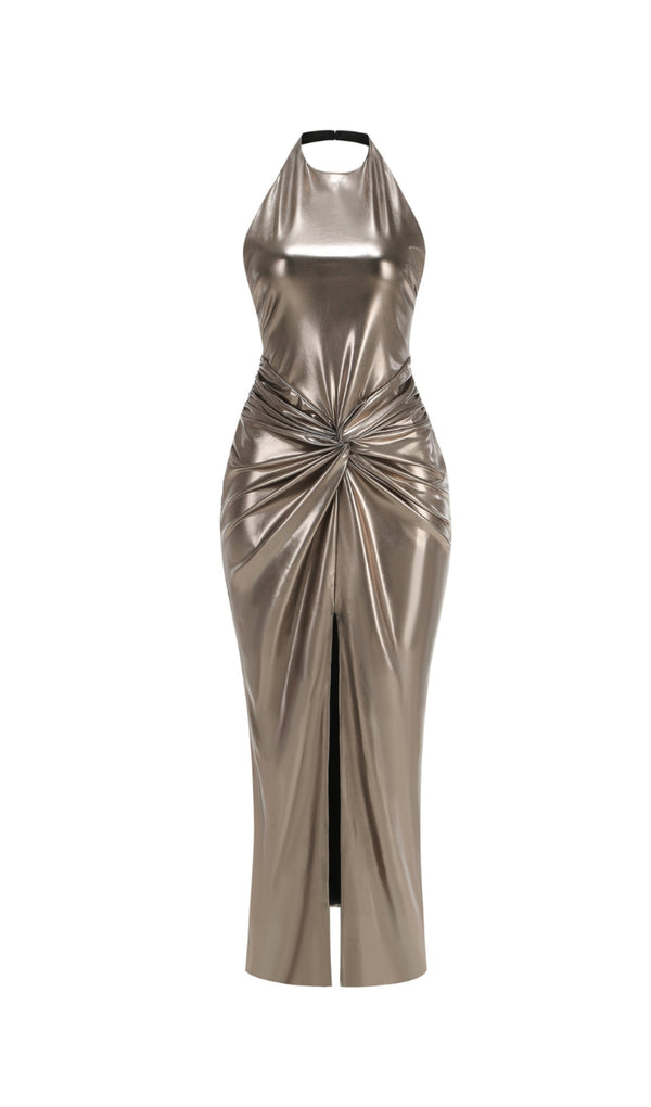 Champagne gold halter neck backless slit gown