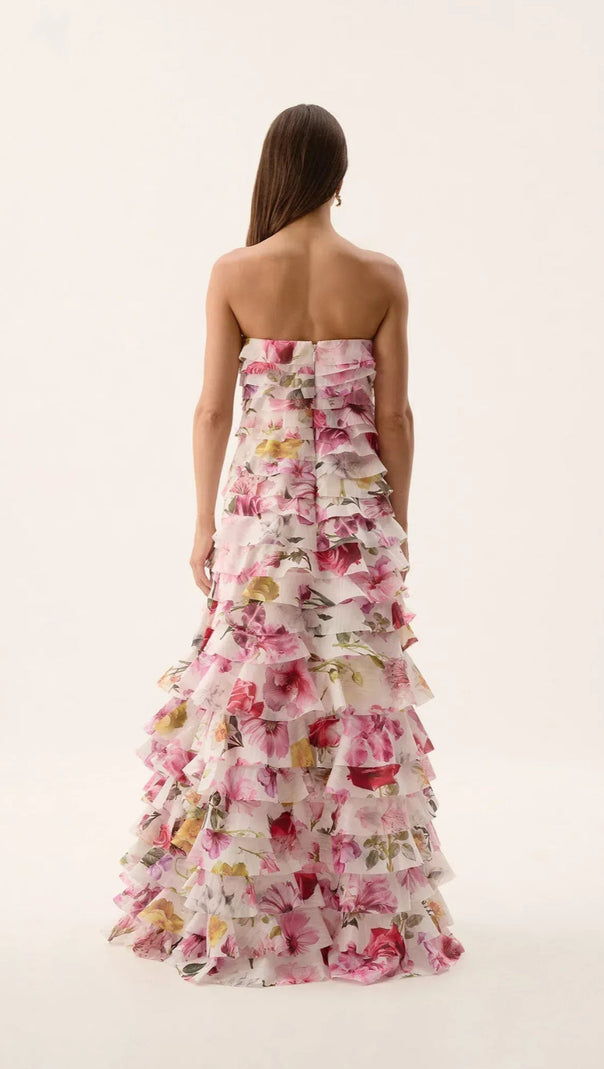 AIIZIE CATHY FLORAL PRINT PLEATED LAYER STRAPLESS MAXI DRESS IN PINK - product image
