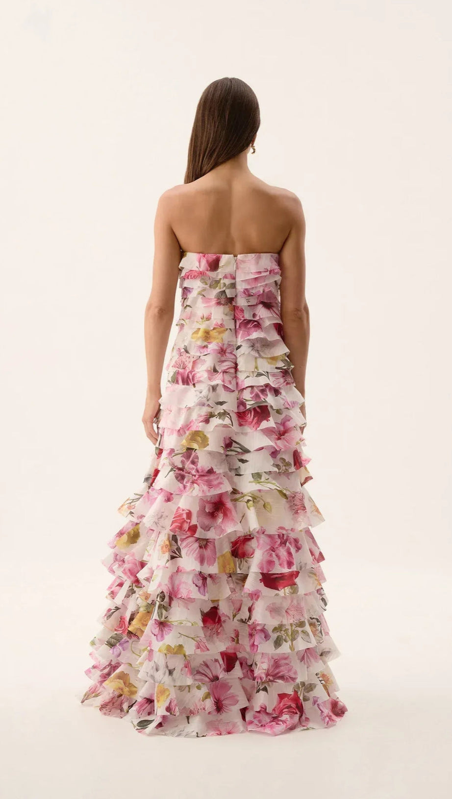 CATHY FLORAL PRINT PLEATED LAYER STRAPLESS MAXI DRESS IN PINK