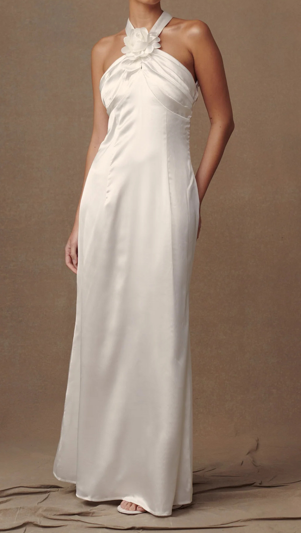 AIIZIE DYLAN ROSE HALTER MAXI DRESS IN WHITE - product image