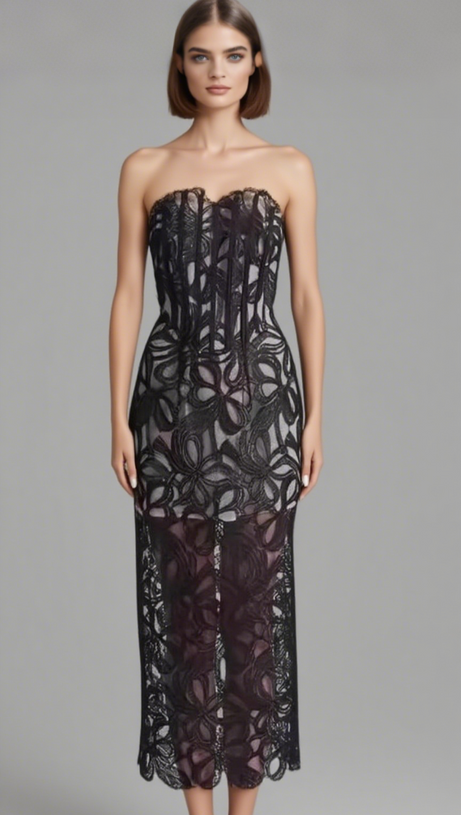 ABITO MIDI LETITIA SENZA SPALLINE CON RICAMI A FIORI