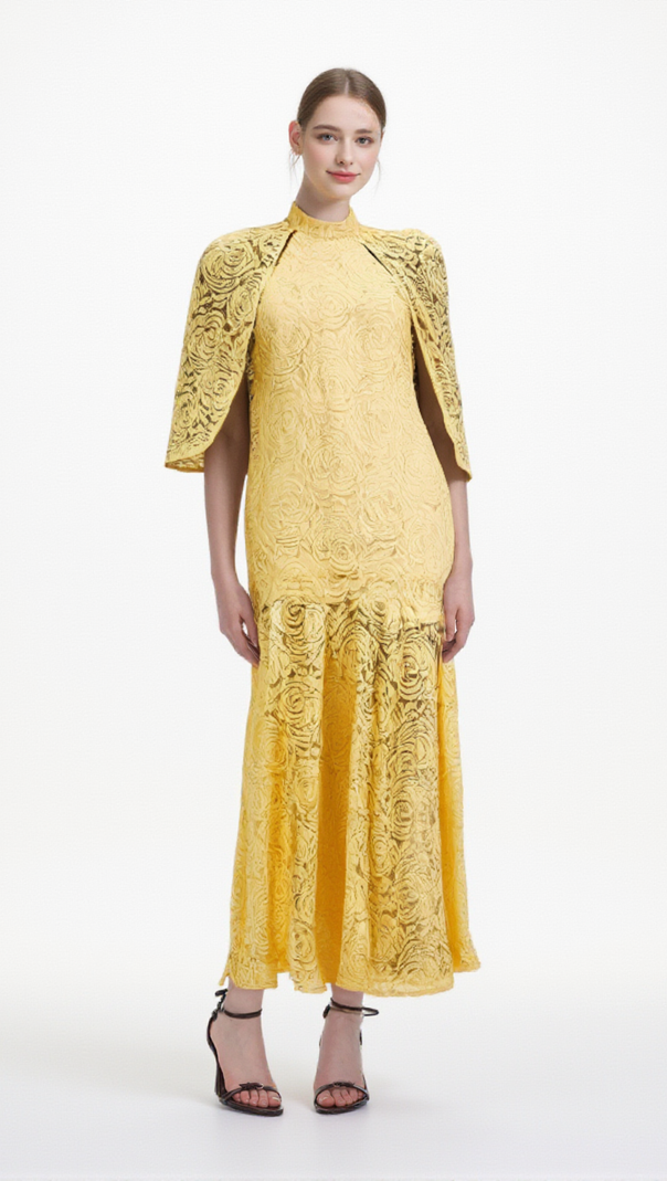AIIZIE URSULA YELLOW CAPE-DESIGN CHANTILLY-LACE MAXI DRESS - product image