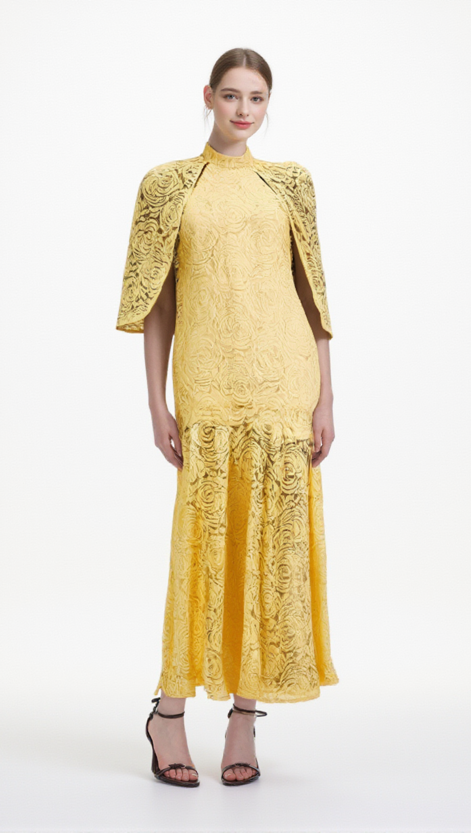 URSULA YELLOW CAPE-DESIGN CHANTILLY-LACE MAXI DRESS