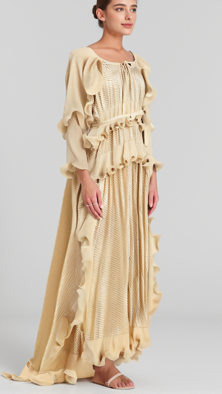 ELLIE NEUTRALS GILDED RUFFLED MIDI DRESS