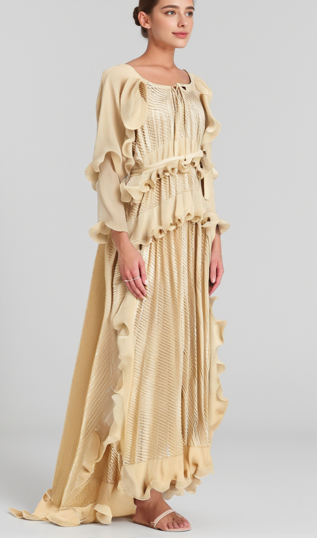 ELLIE NEUTRALS GILDED RUFFLED MIDI DRESS
