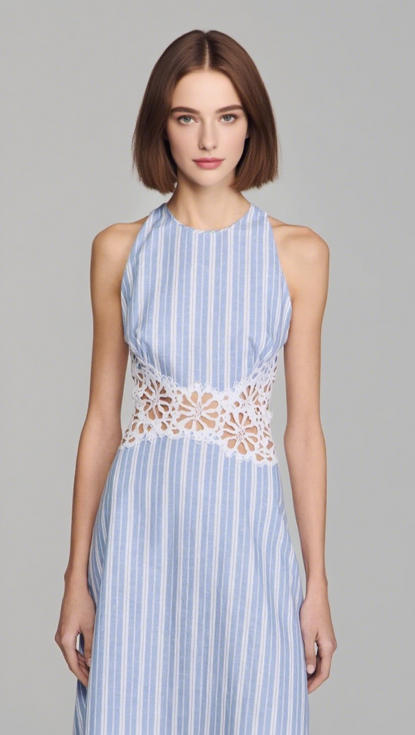 AIIZIE HOLLOW LACE TRIM MAXI DRESS IN BLUE - product image