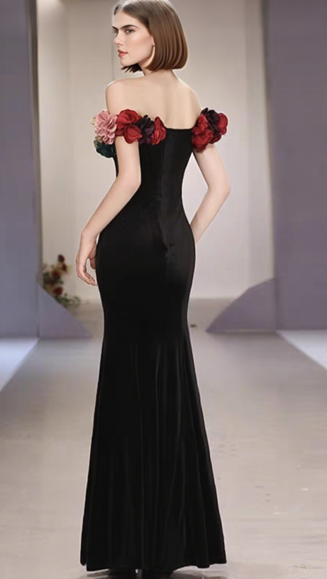 ONE-SHOULDER GOLD VELVET FISHTAIL MAXI DRESS IN BLACK