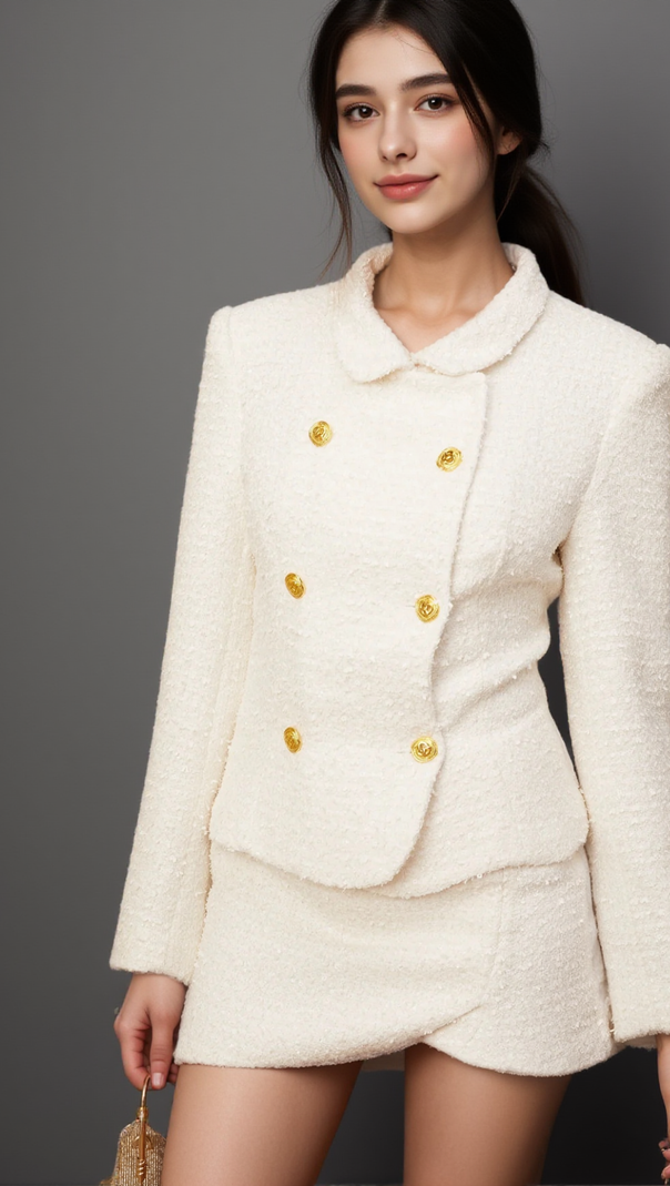 AIIZIE CARLOTTA WHITE DOUBLE-BREASTED TWEED JACKET & SKIRT MATCHING SET - product image