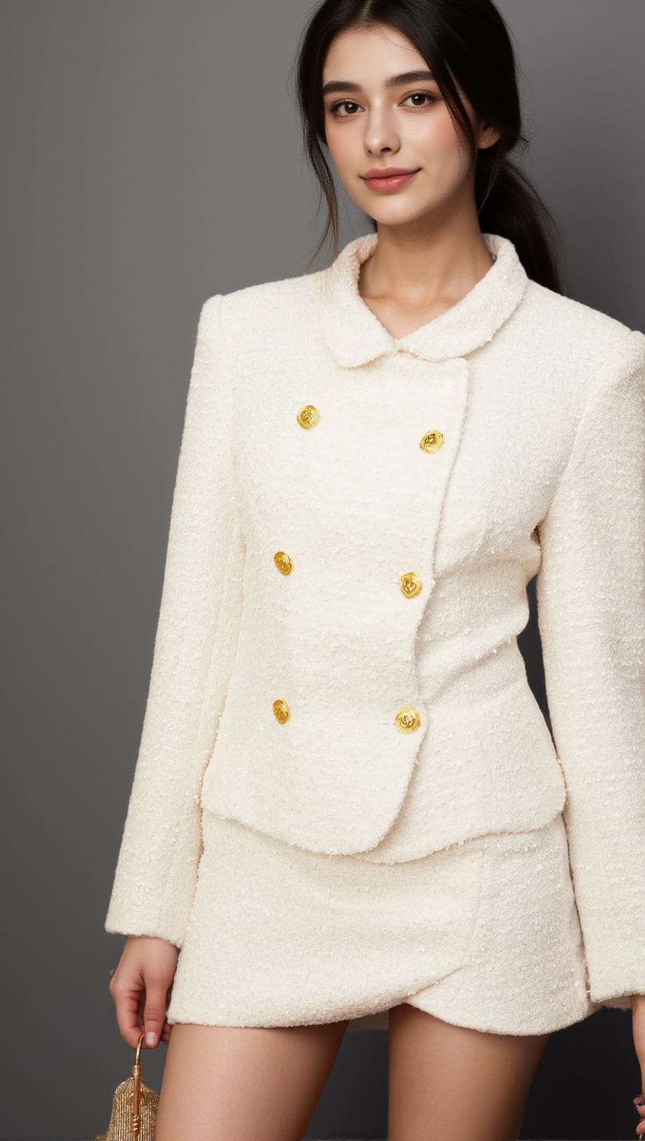 CARLOTTA WHITE DOUBLE-BREASTED TWEED JACKET & SKIRT MATCHING SET