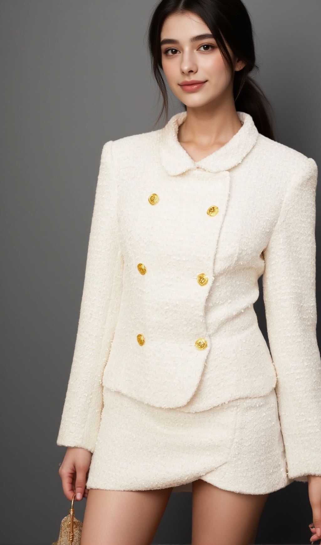 CARLOTTA WHITE DOUBLE-BREASTED TWEED JACKET & SKIRT MATCHING SET
