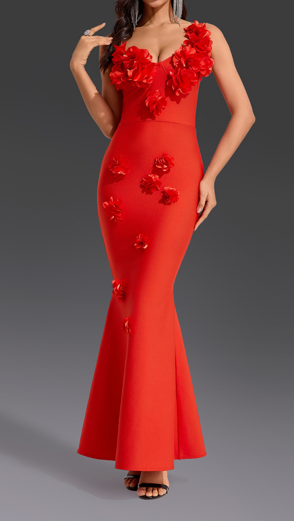 AIIZIE CANDICE ONE-SHOULDER FLOWER BODYCON MAXI DRESS IN RED - product image