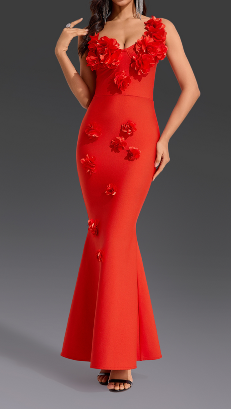 Candice – Bodycon-Maxikleid mit One-Shoulder-Träger und Blumenmuster in Rot