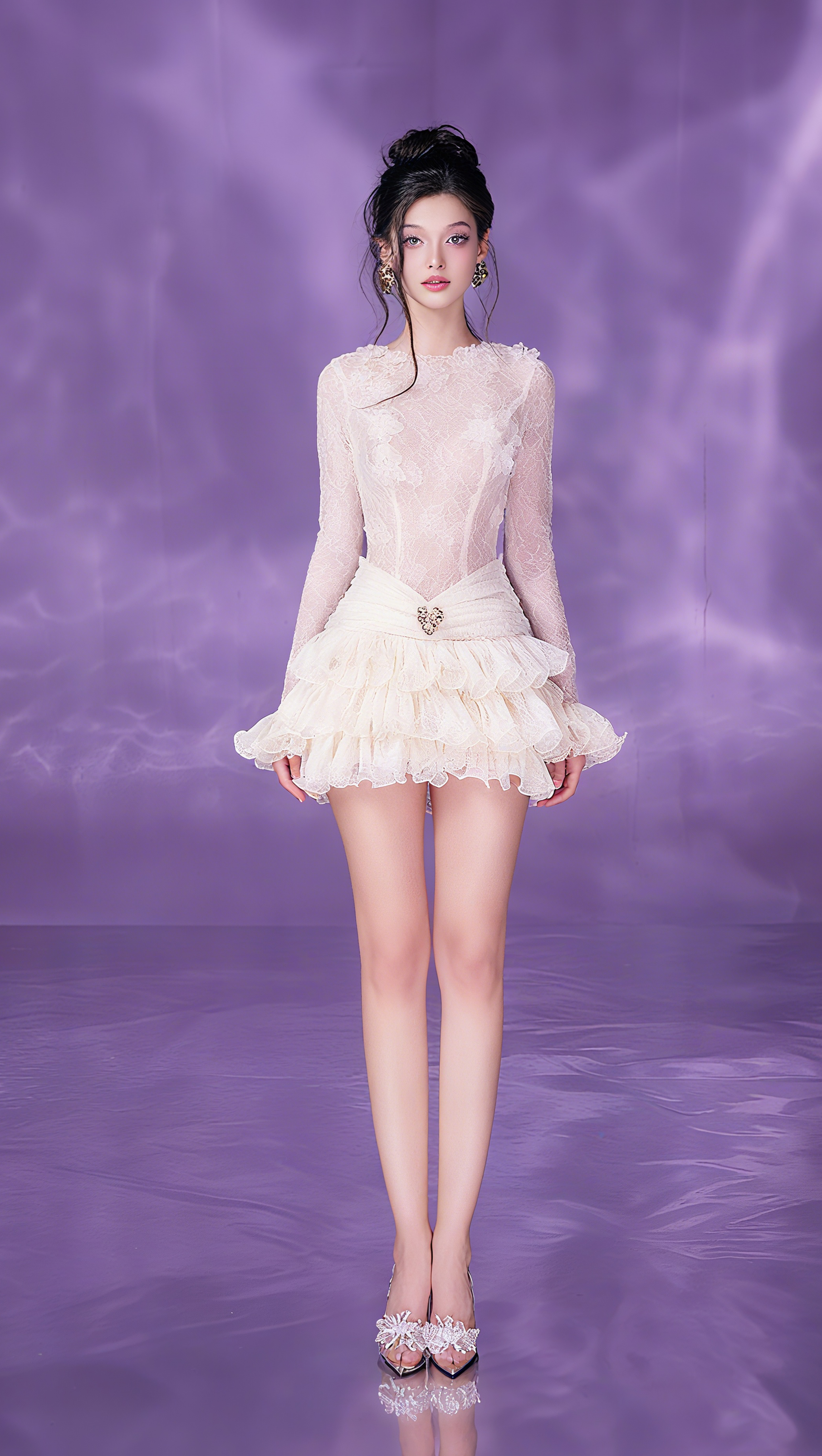 AIIZIE EUDORA LACE EMBROIDERY RUCHED TRIM MINI DRESS IN WHITE - product image