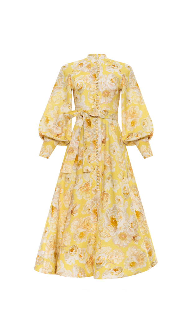 SIGRID GELBES MIDIKLEID MIT BUTTERCUP-JASMIN-LATERNENÄRMELN