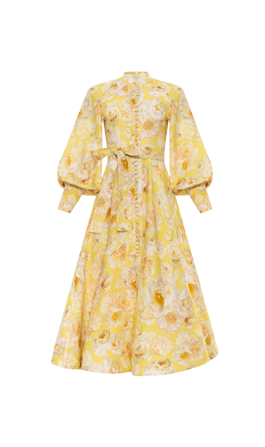 SIGRID YELLOW BUTTERCUP JASMINE LANTERN SLEEVE MIDI DRESS
