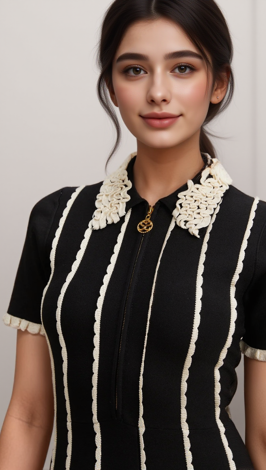 ZAZIE BLACK VERTICAL-STRIPED RUFFLE-TRIM KNIT MINI DRESS