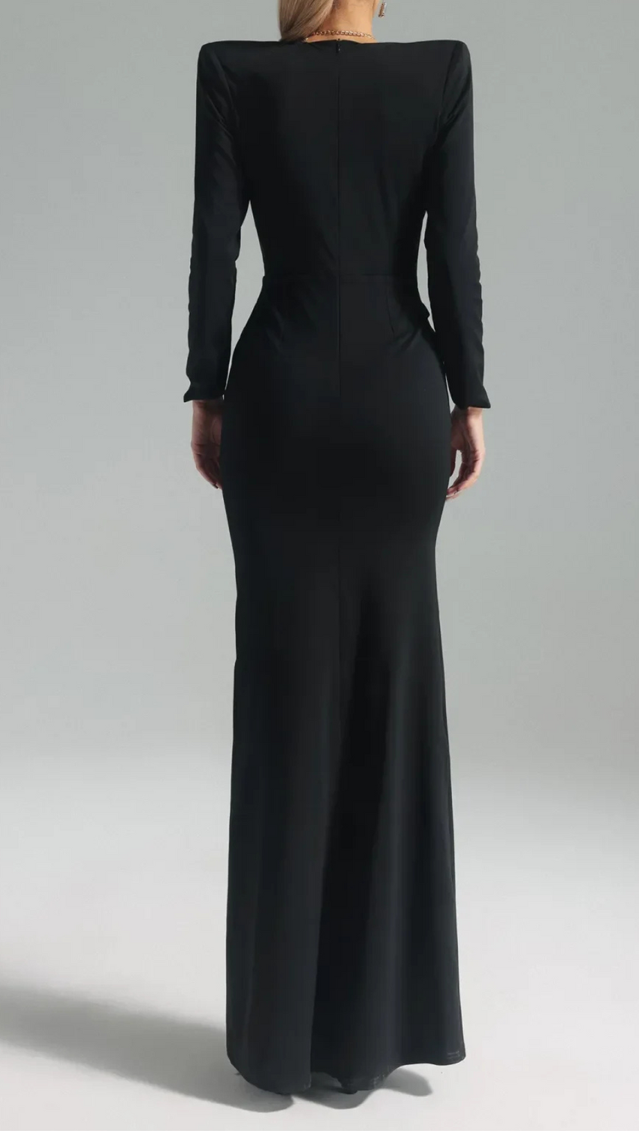 BERNICE LONG SLEEVE DRAPED EMBELLISHED MAXI DRESS IN BLACK