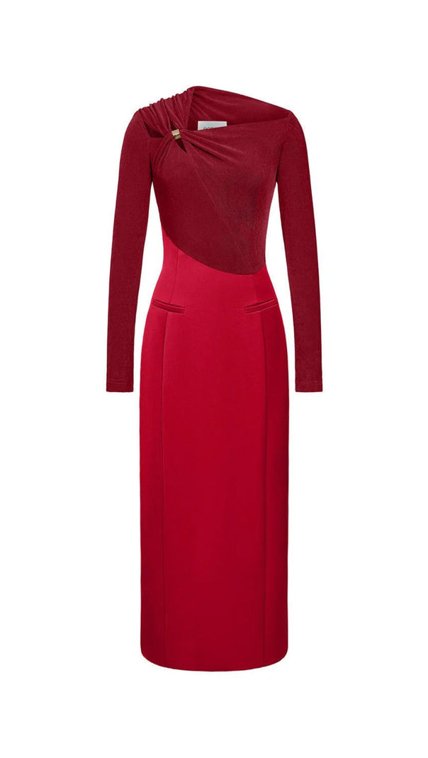 AIIZIE ELEANOR SHEATH ASYMMETRIC NECK TAFFETA MIDI DRESS IN RED - product image