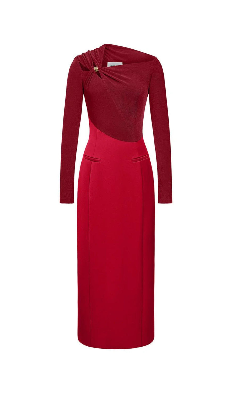 Eleanor Sheath Asymmetric Neck Taffeta Midi Dress in red