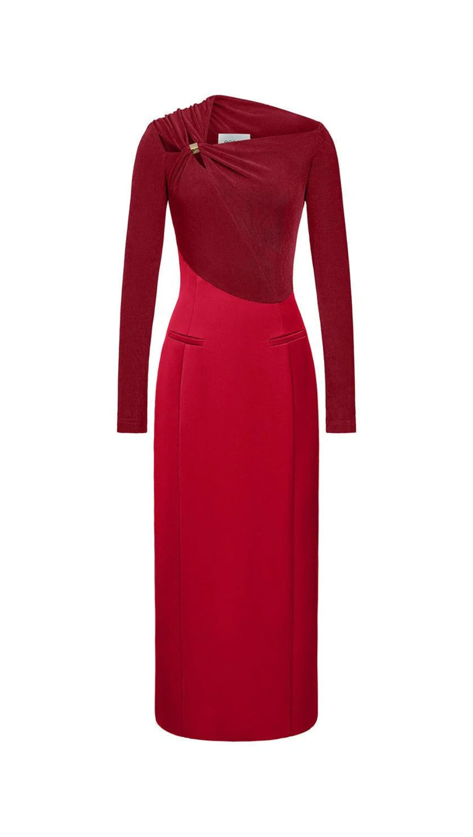 ELEANOR SHEATH ASYMMETRIC NECK TAFFETA MIDI DRESS IN RED