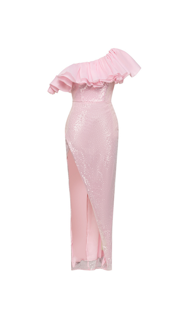 AIIZIE ELVA PINK RUFFLE TRIM HIGH SLIT SEQUIN MIDI DRESS - product image