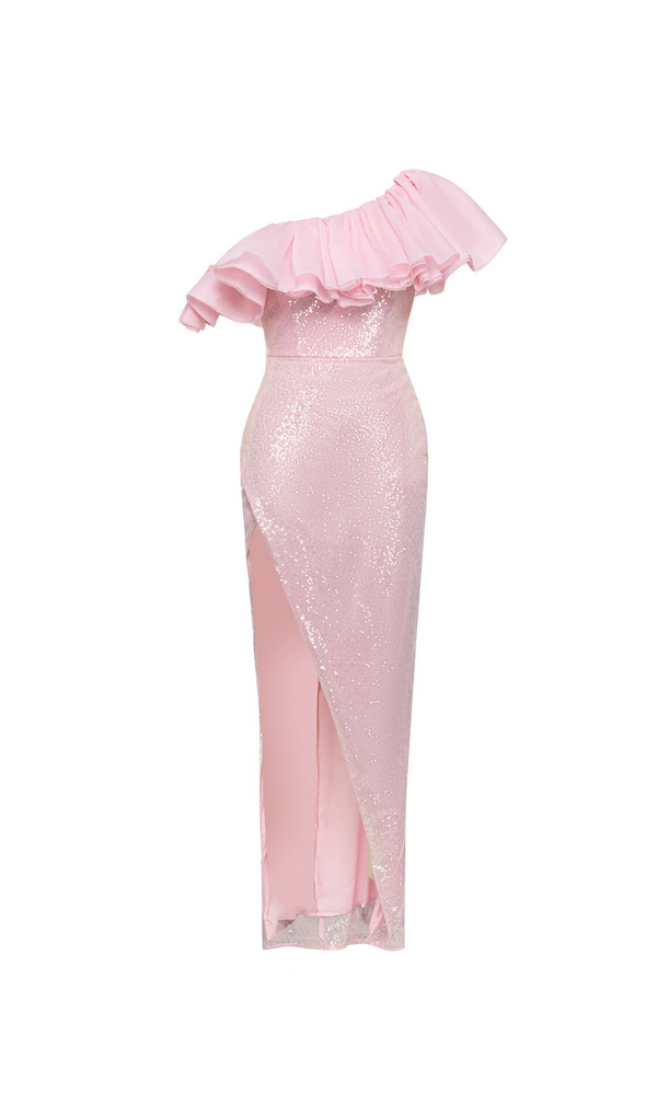 ELVA PINK RUFFLE TRIM HIGH SLIT SEQUIN MIDI DRESS