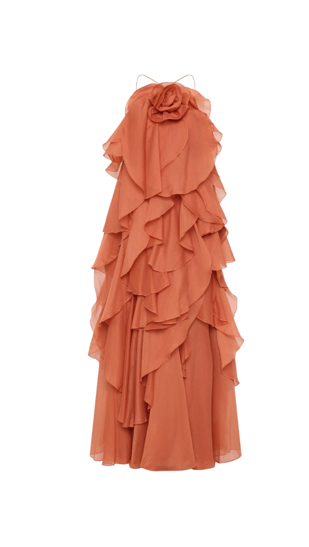 AIIZIE CAYSIE HALTER FLORAL RUFFLE LAYERED MAXI DRESS IN ORANGE - product image
