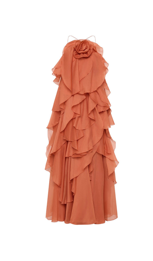 Caysie Halter Floral Ruffle Layered Maxi Dress in Orange