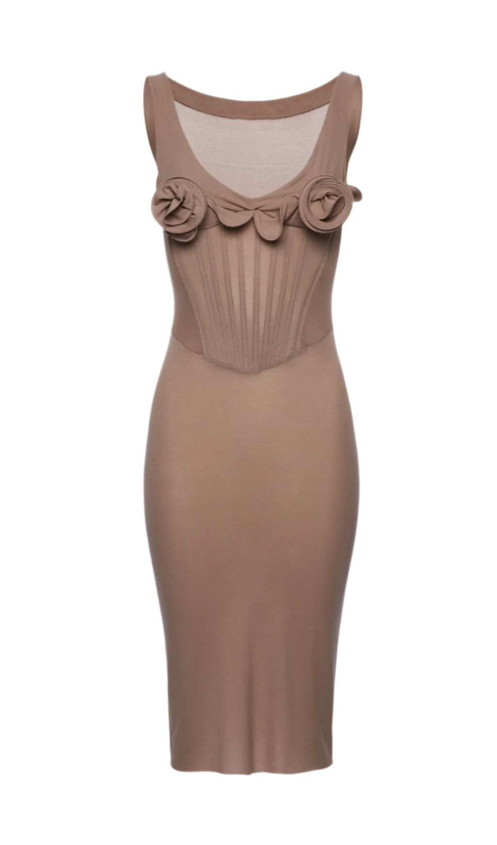 Dinella Floral Appliqué Corset Midi Dress in Grey